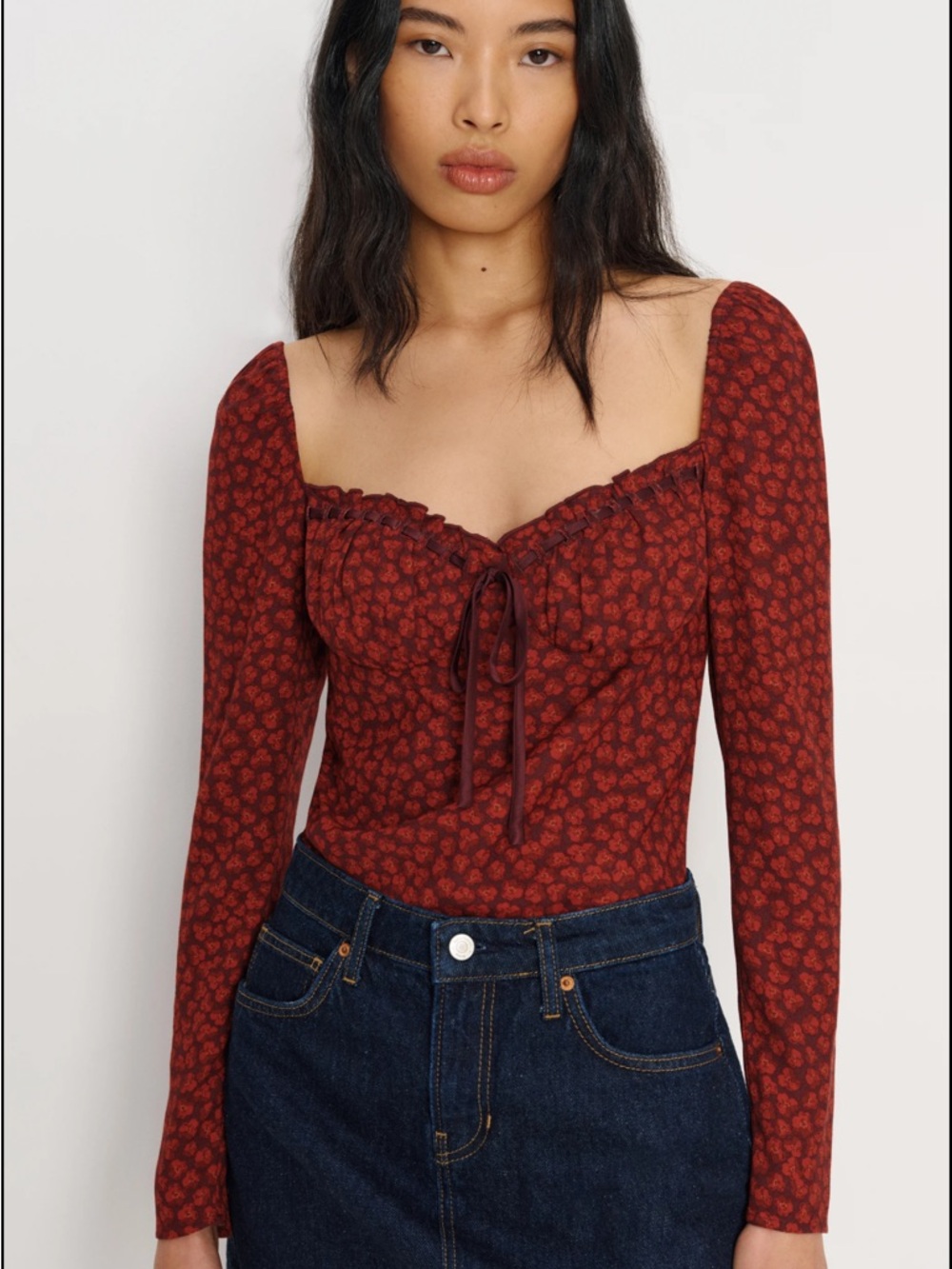 Reformation Red Floral Square-Neck Long-Sleeve Top with Front Tie